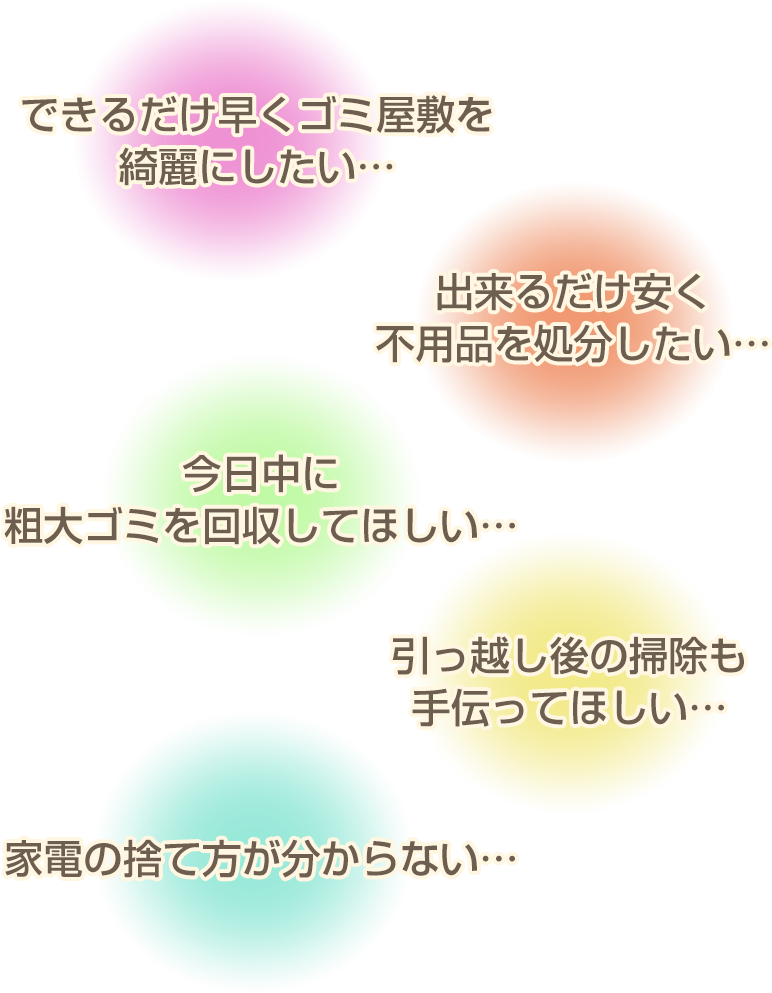 できるだけ早くゴミ屋敷を綺麗にしたい…出来るだけ安く不用品を処分したい…今日中に粗大ゴミを回収してほしい…引越し後の掃除も手伝って欲しい…家電の捨て方がわからない…