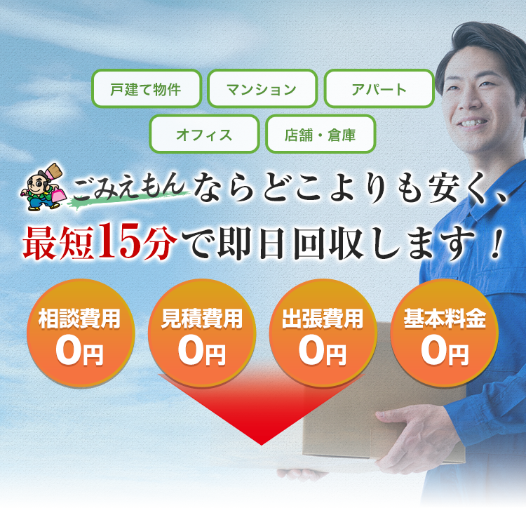 戸建て物件/マンション/アパート/オフィス/店舗・倉庫...【ごみえもん】ならどこよりも安く、最短15分で即日回収します!